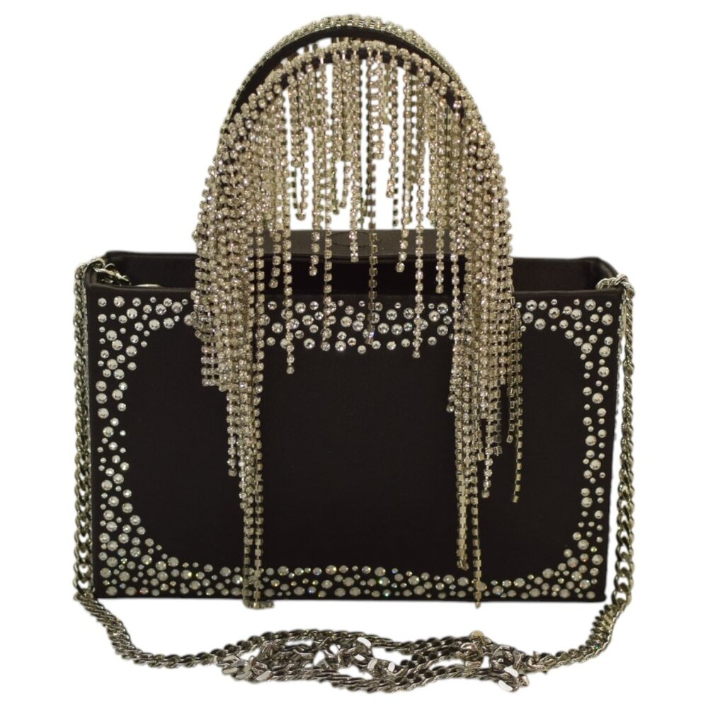 Kara Constellation Fringe Black Satin w. Crystals Small Tote Chain Bag Handbag